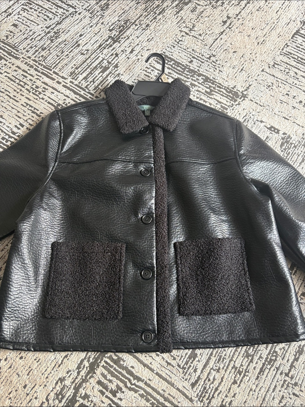 Black Faux-Leather Sherpa-Trim Jacket
